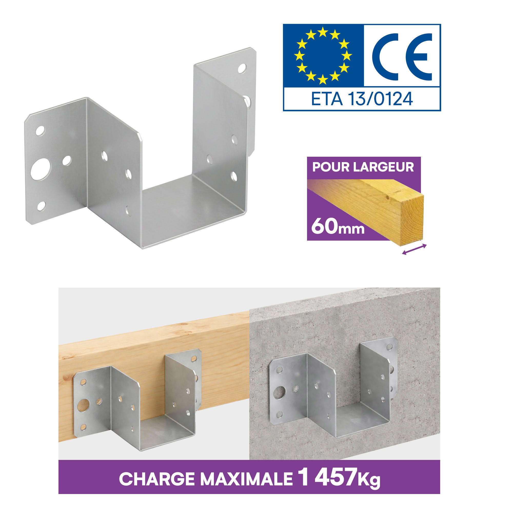 10 sabots de charpente à ailes extérieures - Connecteurs de poutres - Acier galvanisé - Larg 60 x Ht 60 mm - Fabriqué en Europe - 4