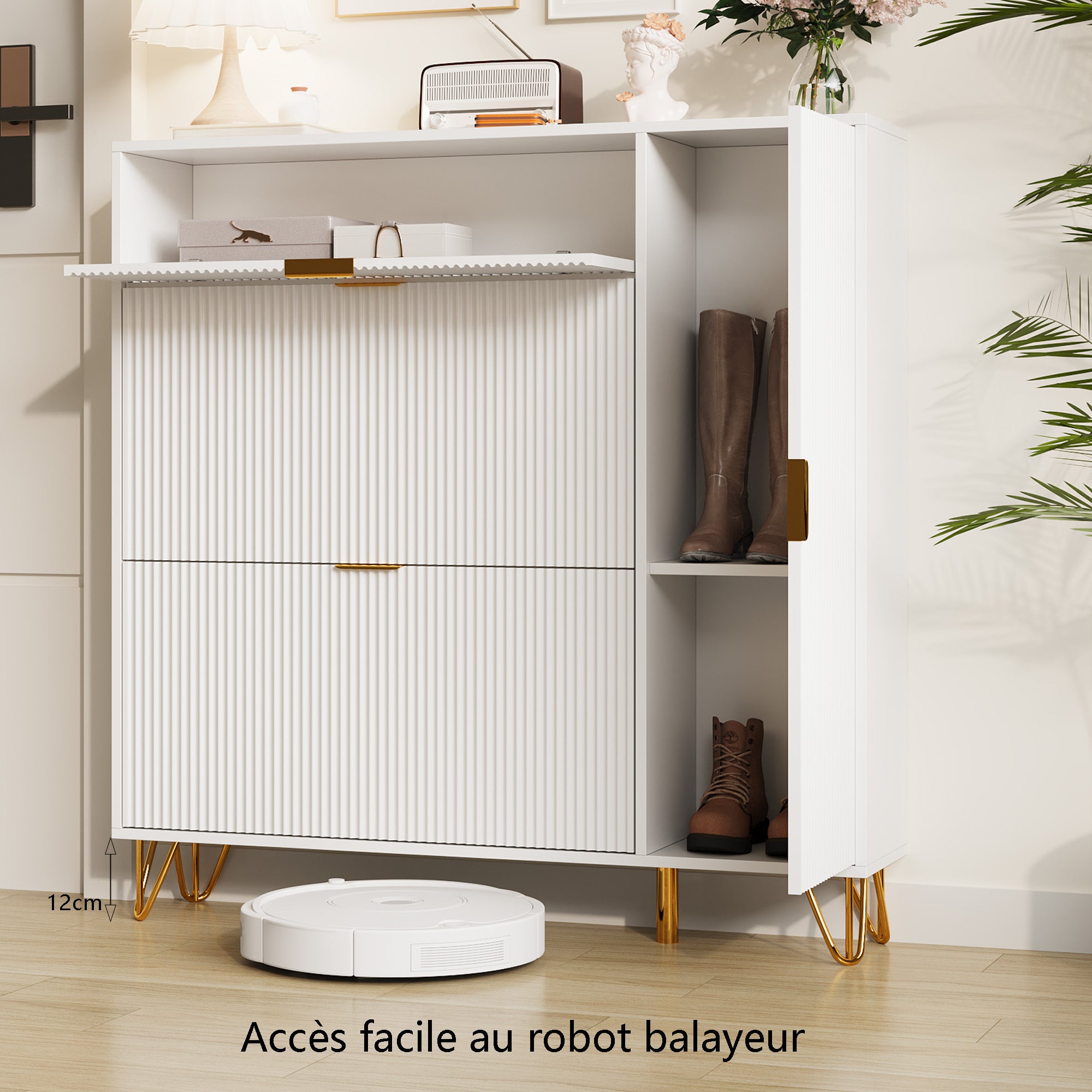 Meuble à chaussures d'entrée incliné, meuble à chaussures, étagère à chaussures de salon avec tiroirs de rangement supplémentaires, blanc - 8