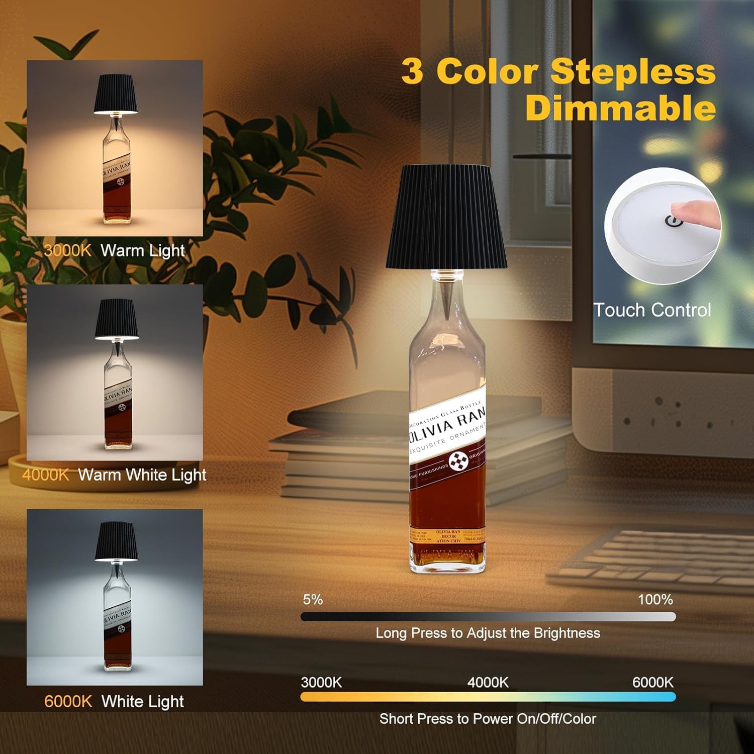 2 pezzi di luce per bottiglia di vino senza fili, luce a LED per bottiglia di vino,lampada da tavolo touch ricaricabile,3 temperature di colore (nero) | Leroy Merlin