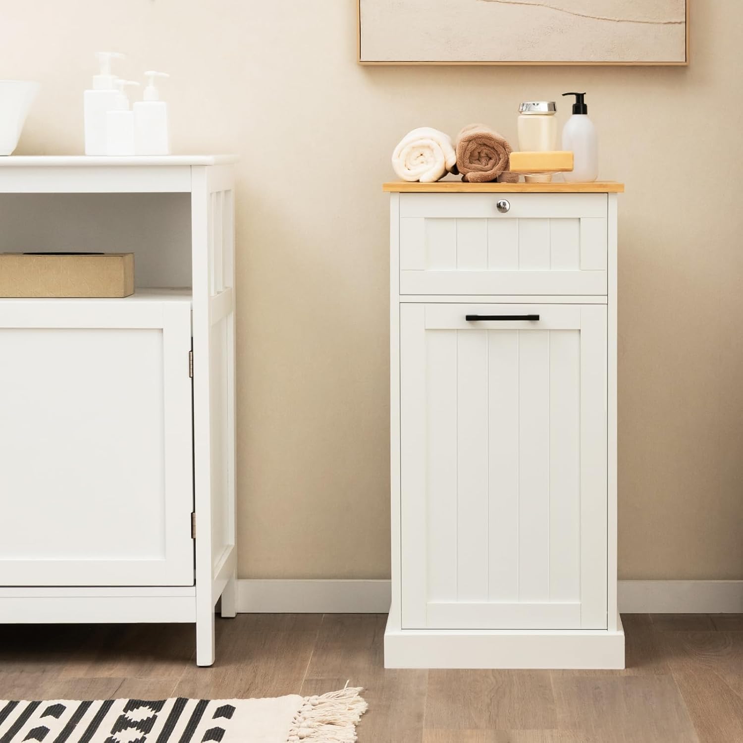 Meuble Salle de Bain avec Panier à Linge, avec Tiroir, Armoire Inclinable & Panier à Linge 38L avec Poignée Portable, 40x37x82 cm (Blanc) - 2