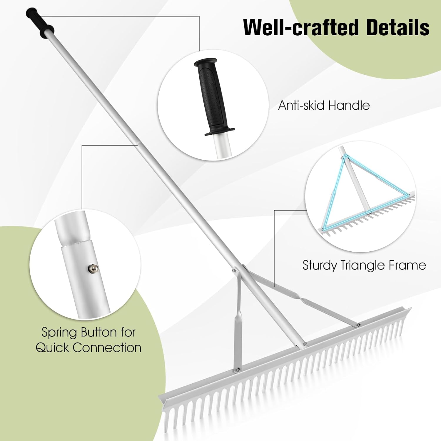 Grabie Ogrodowe z Aluminium z Dwustronną Głowicą o Długości 91 cm, 36 Zębami i Antypoślizgowym Trzonkiem o Długości 174 cm do Spulchniania Gleby - 9