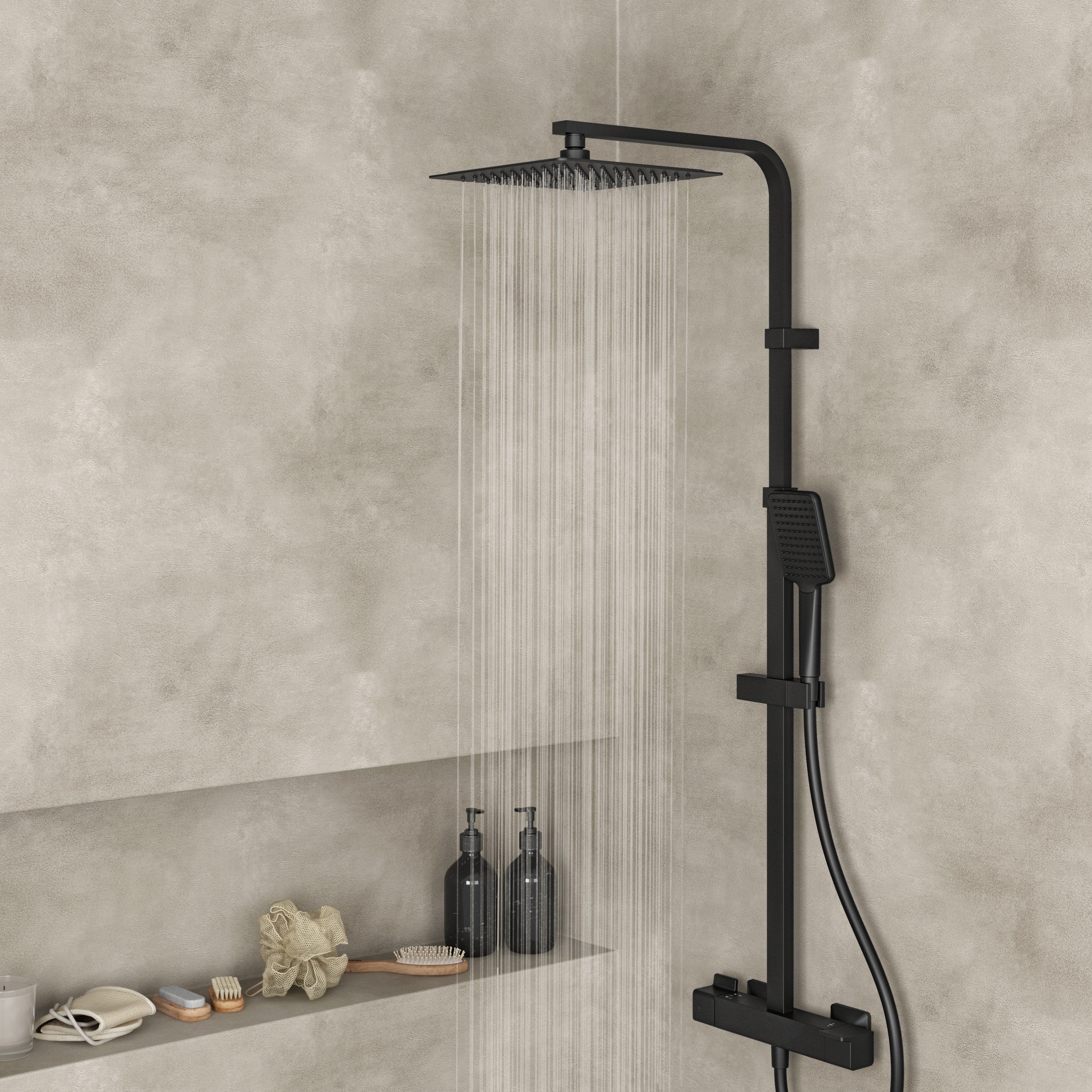 Conjunto de duche SENSEA - Coluna de duche com torneira termostática e prateleira suspensa para duche - Preto - Studio / Neo - 2