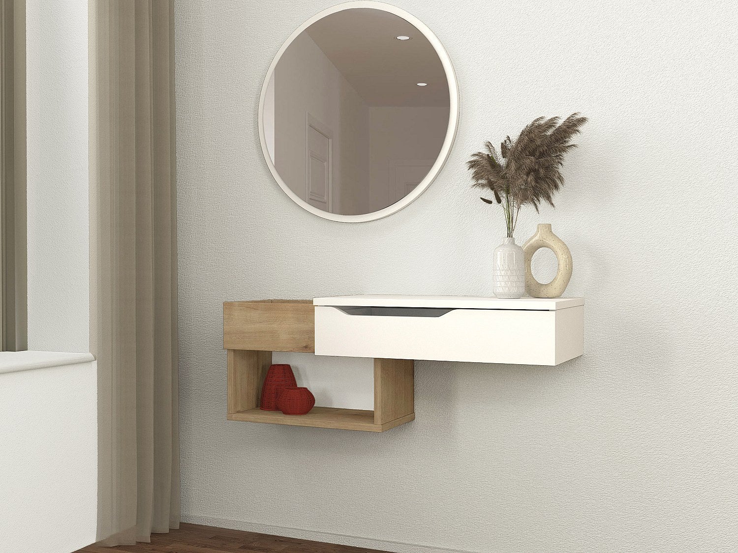 Konsola wisząca z 1 szufladą i z 2 wnękami - Naturalny i biały - DAREKA