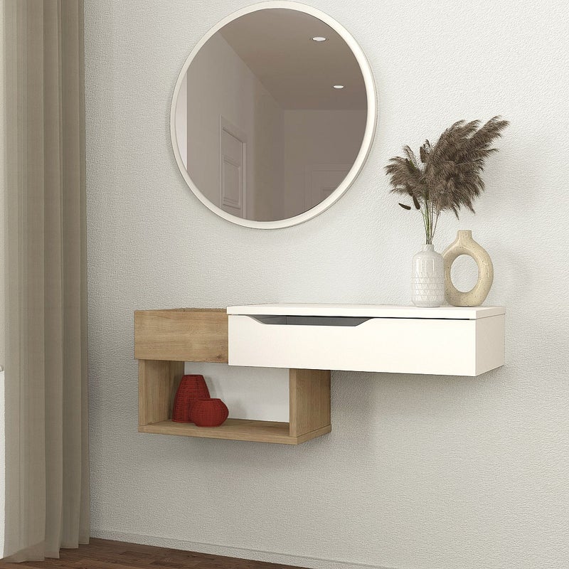 Konsola wisząca z 1 szufladą i z 2 wnękami - Naturalny i biały - DAREKA