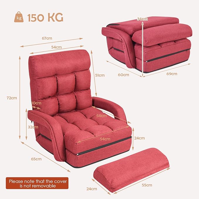 LIFEZEAL Fauteuil de Salon Convertible avec Dossier Réglable sur 5 Positions，Fauteuil Sol avec Accoudoirs, Chauffeuse 1 Place Pliable(Rouge) - 7