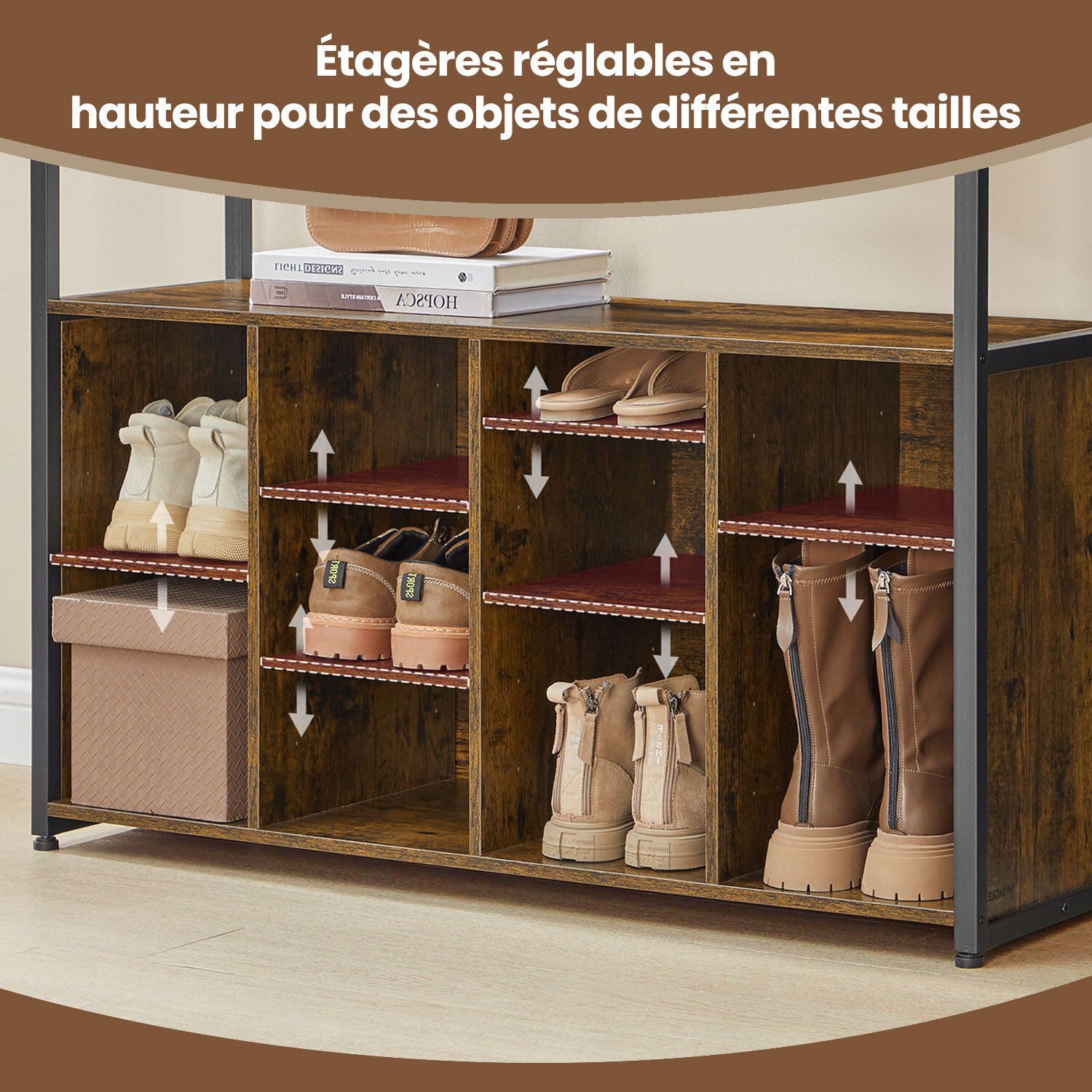 Porte-Manteau avec Banc et Rangement à Chaussures, Meuble d'Entrée, Marron et Noir - 4