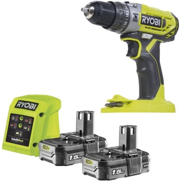 Kompaktowa akumulatorowa wiertarko-wkrętarka udarowa - RYOBI - R18PD2-215G - 18 V - uchwyt 10 mm - 2 akumulatory 1,5 Ah i ładowarka 1,5 A