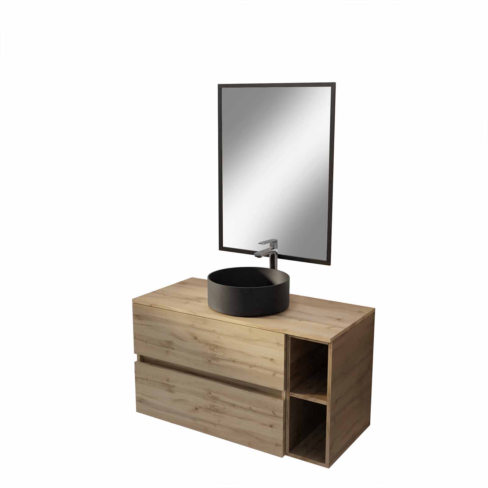 Meuble salle de bains 100 TIMBER Décor Chêne Tiroirs + Niches - Vasque Noire - Miroir Bords Noirs - 3