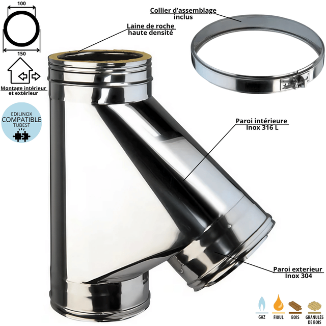 Té 135 degrés conduit double paroi isolé Edilinox - Diamètre 100 mm