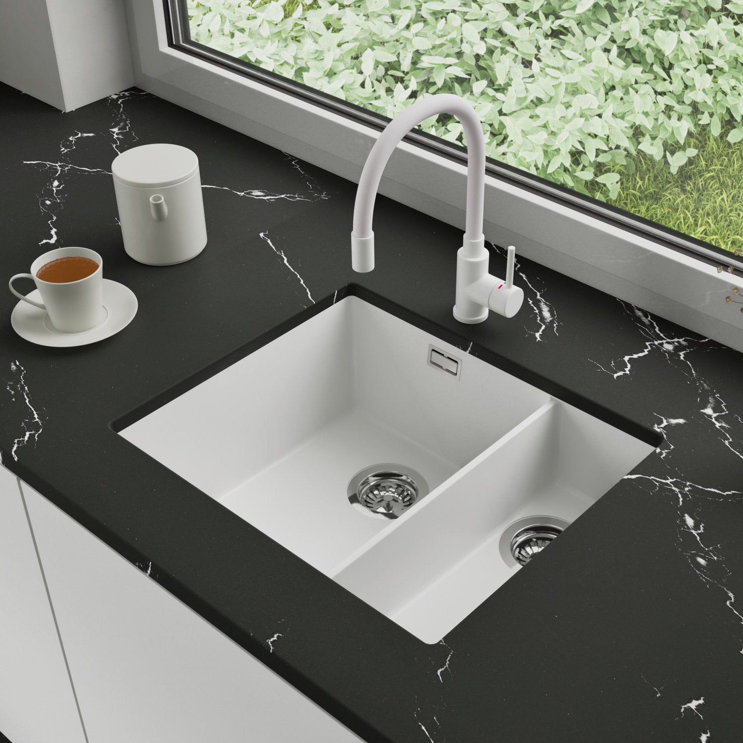 Zlewozmywak podblatowy 56x47cm, do szafki od 60cm + Bateria + Syfon - Agate Biały STONESTYLE