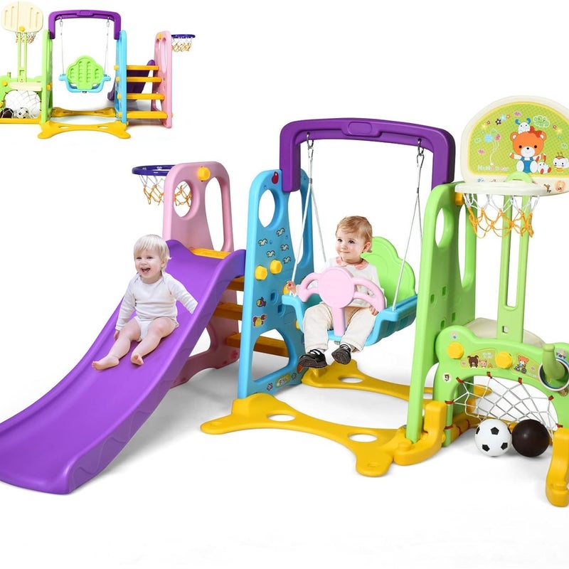 Zjeżdżalnia i Huśtawka dla Dzieci 6 w 1 z Wieloma Atrakcjami (Koszykówka i Piłka Nożna), Wielofunkcyjny Plac Zabaw