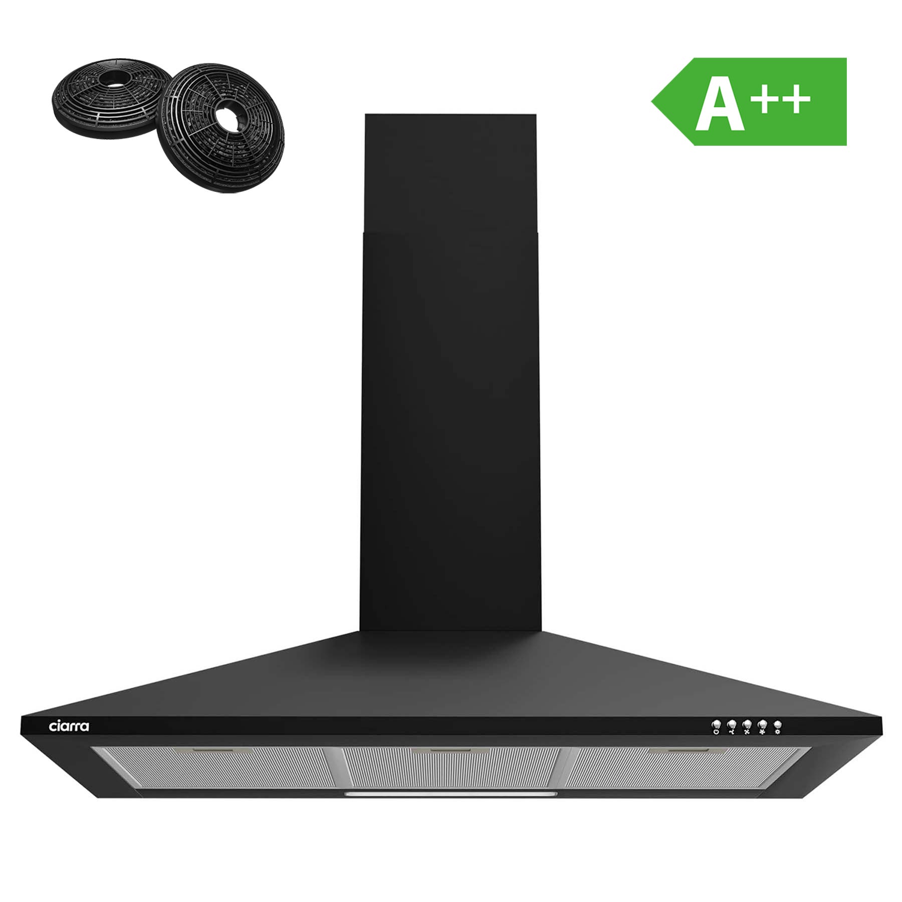 Hotte Aspirante Inclinée Respekta 90 Cm - Acier Inoxydable Et Verre Noir, Extraction/recyclage, 3 Vitesses, Classe A, 42-63 DB