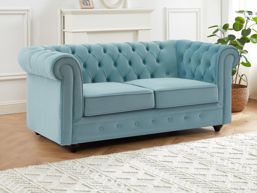 Divano posti in Velluto Azzurro pastello CHESTERFIELD Leroy