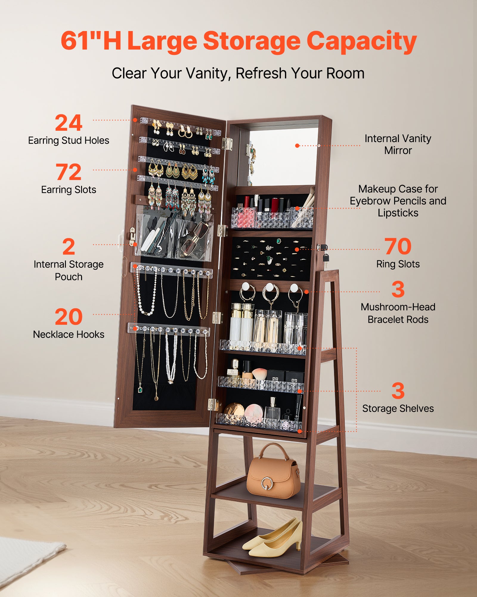 Armoire à Bijoux Pivotante VEVOR 360°, sur Pied 1550 mm avec Miroir Pleine Longueur, Rangement & Porte Verrouillable à 2 Clés, Pochettes Accessoires - 3