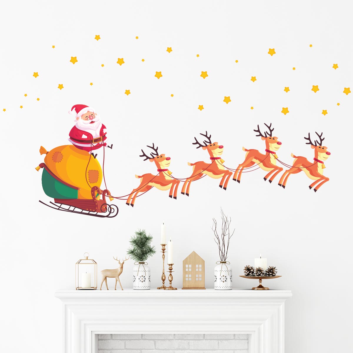 Vinilo navidad santa claus, reno y estrellas mágicas - adhesivo de pared - revestimiento sticker mural decorativo - 90x135cm