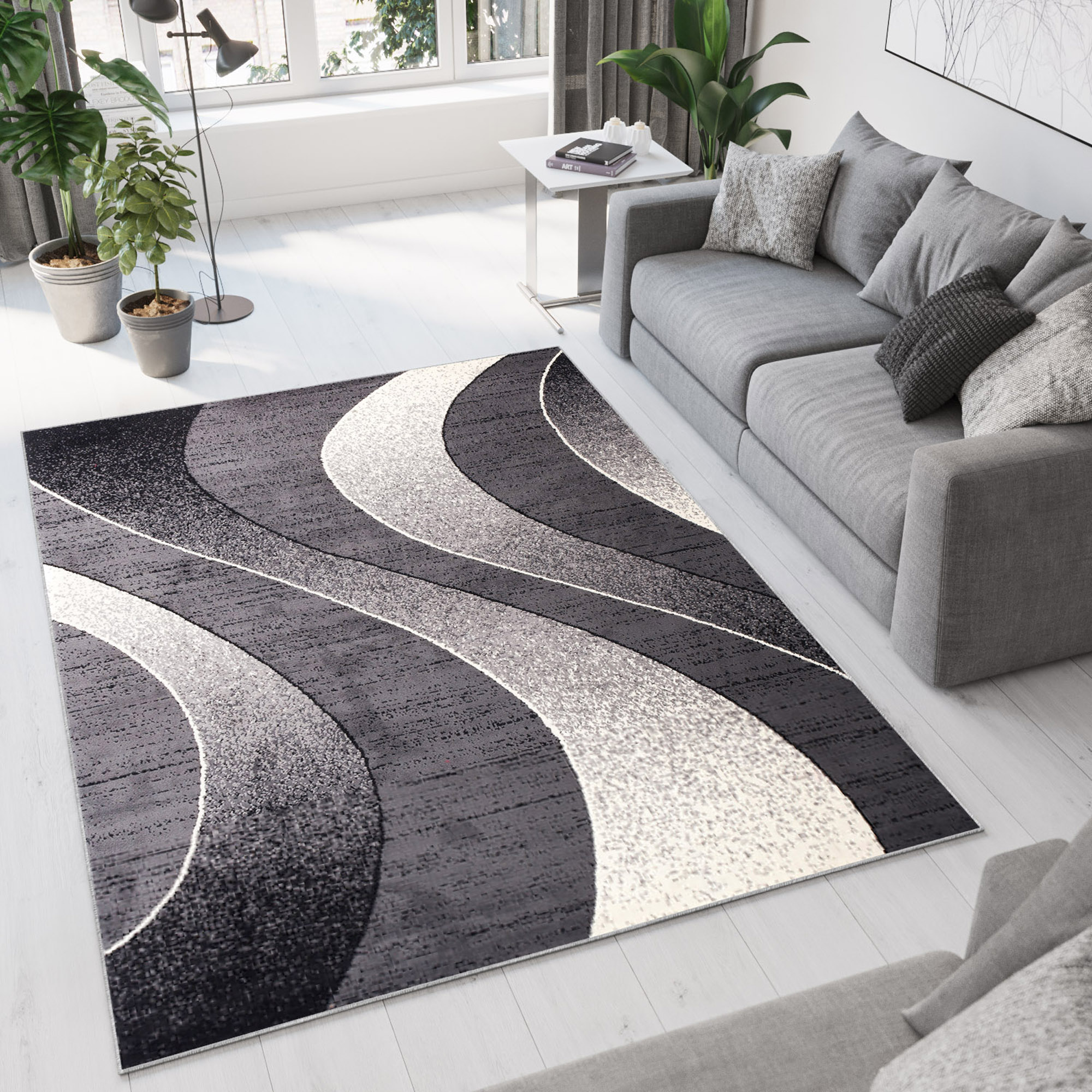 Tapiso dream alfombra salón dormitorio fina negro gris crema ondas pelo corto 250 x 300 cm