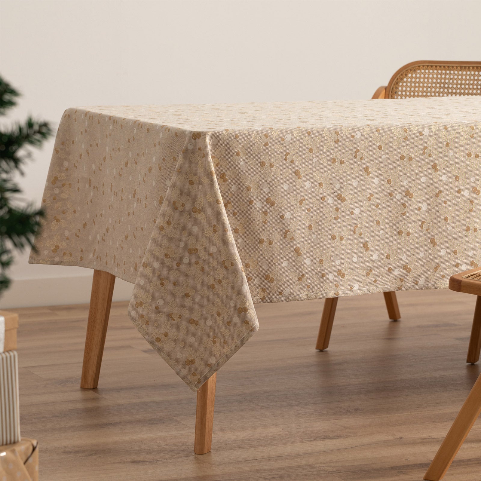 Tovaglia di Natale rettangolare in cotone jacquard beige e oro 140x240 cm - Frost - 2