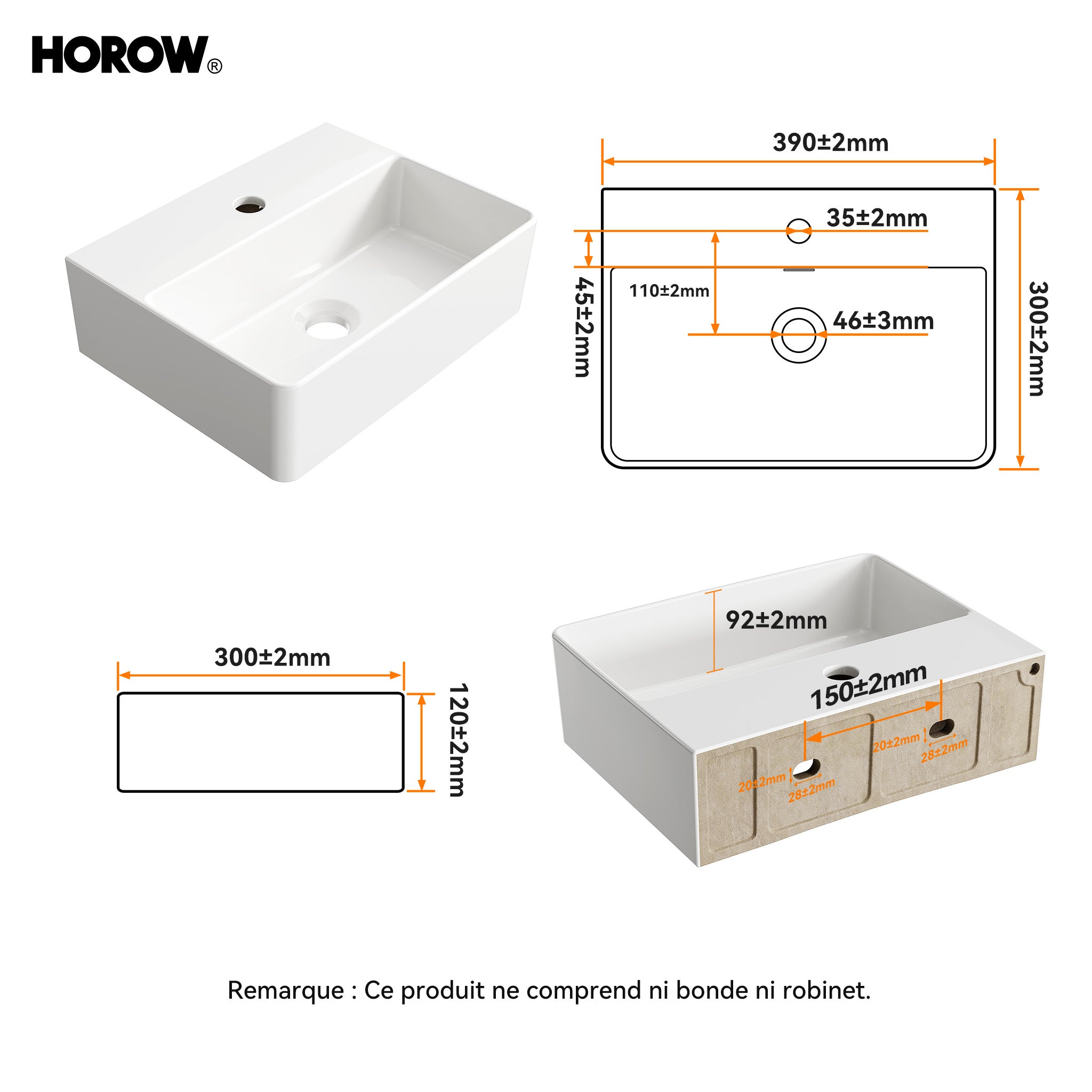 HOROW Lavabo sospeso in ceramica, rettangolare, con foro per rubinette, senza foro di troppo pienoo, per piccoli bagni per gli ospiti 39 x 30 cm - 8