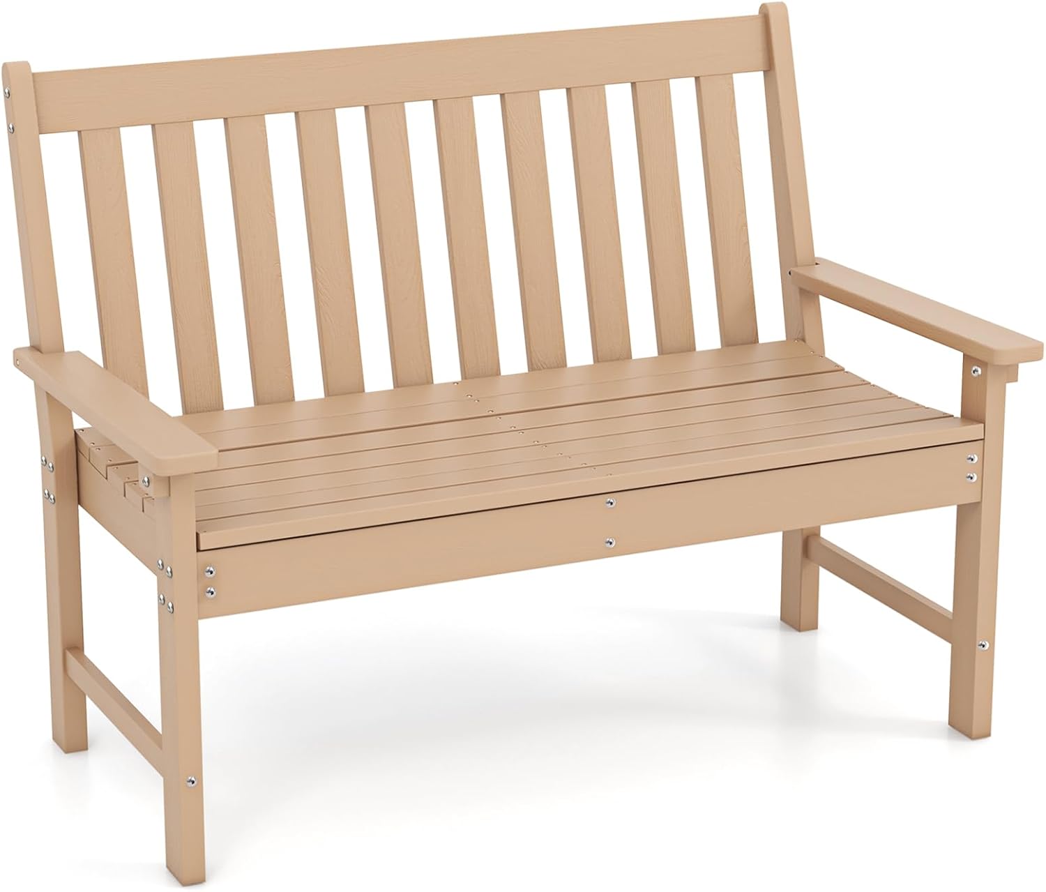 Ławka Ogrodowa dla 2 Osób, Ławka Zewnętrzna z HDPE z Oparciem i Podłokietnikami, Nośność 320 kg, na Patio, Taras, Balkon, 132 x 65 x 91 cm (Brązowa)