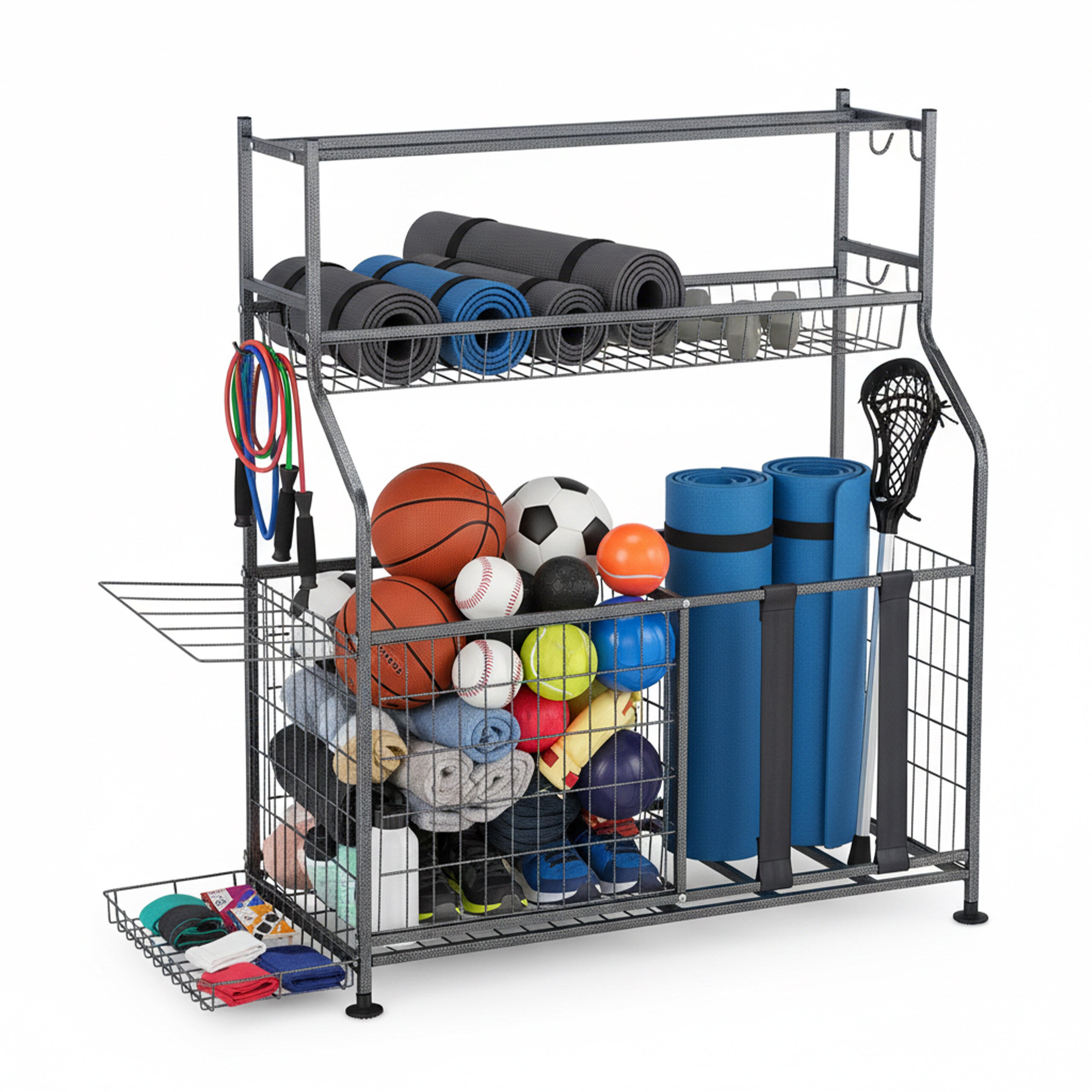 LYNK® Organizer Da Parete Per Attrezzature Sportive – Rastrelliera In Acciaio E Polimero – Larghezza 252 Cm – Ganci Regolabili Per Palloni, Mazze, Racchette E Caschi – Colore Nero
