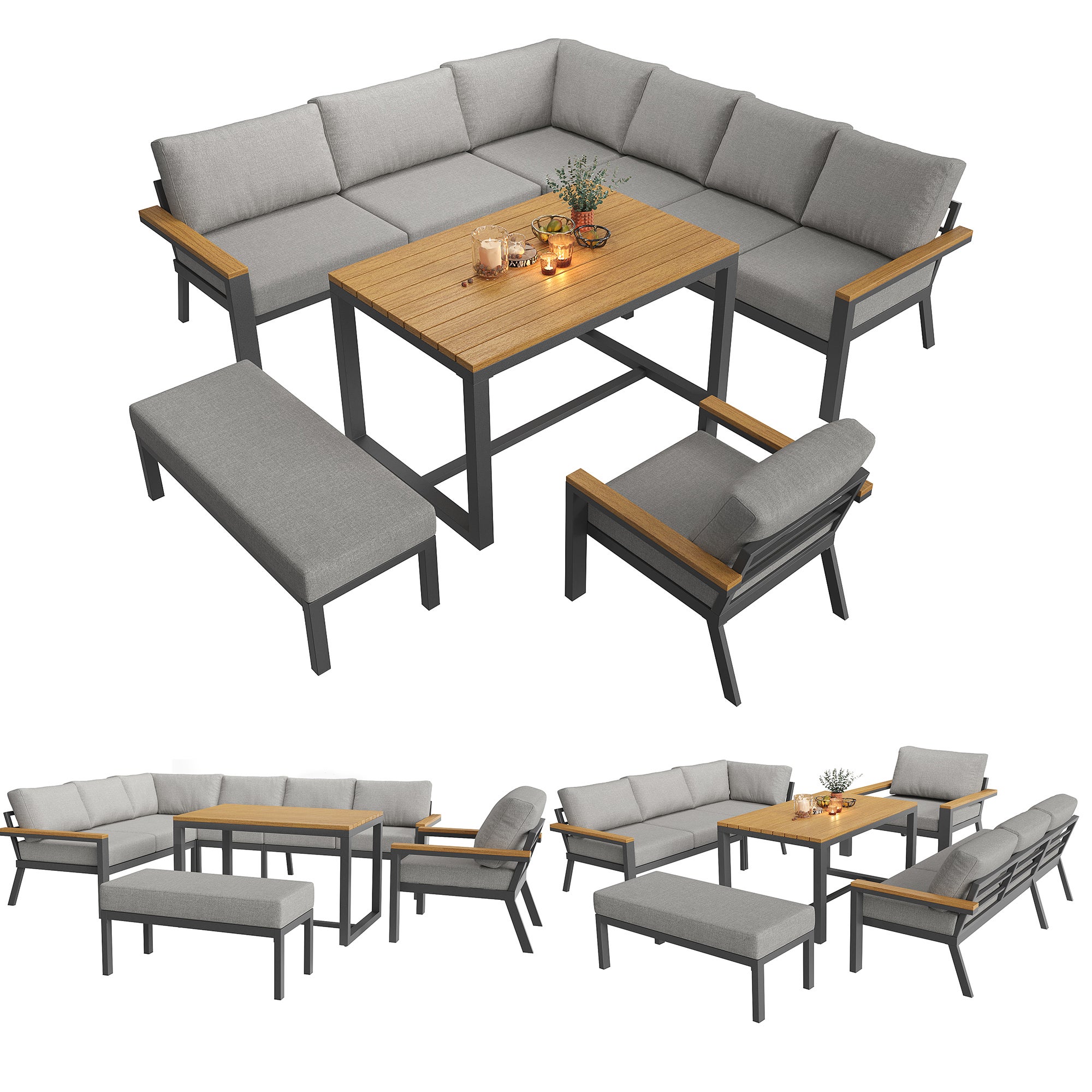 Salon de Jardin Exterieur pour 8 personnes,avec table en bois,Canapé d'angle extérieur en forme de L avec coussins,Ensemble de jardin en fer,Gris - 9