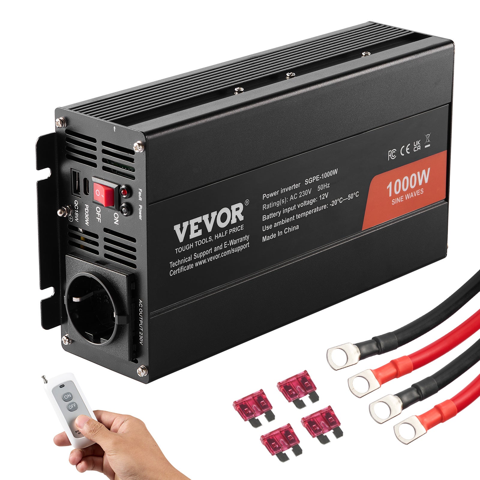 VEVOR 1000W Inversor de potencia de onda sinusoidal pura Dc12V a Ac230V ...