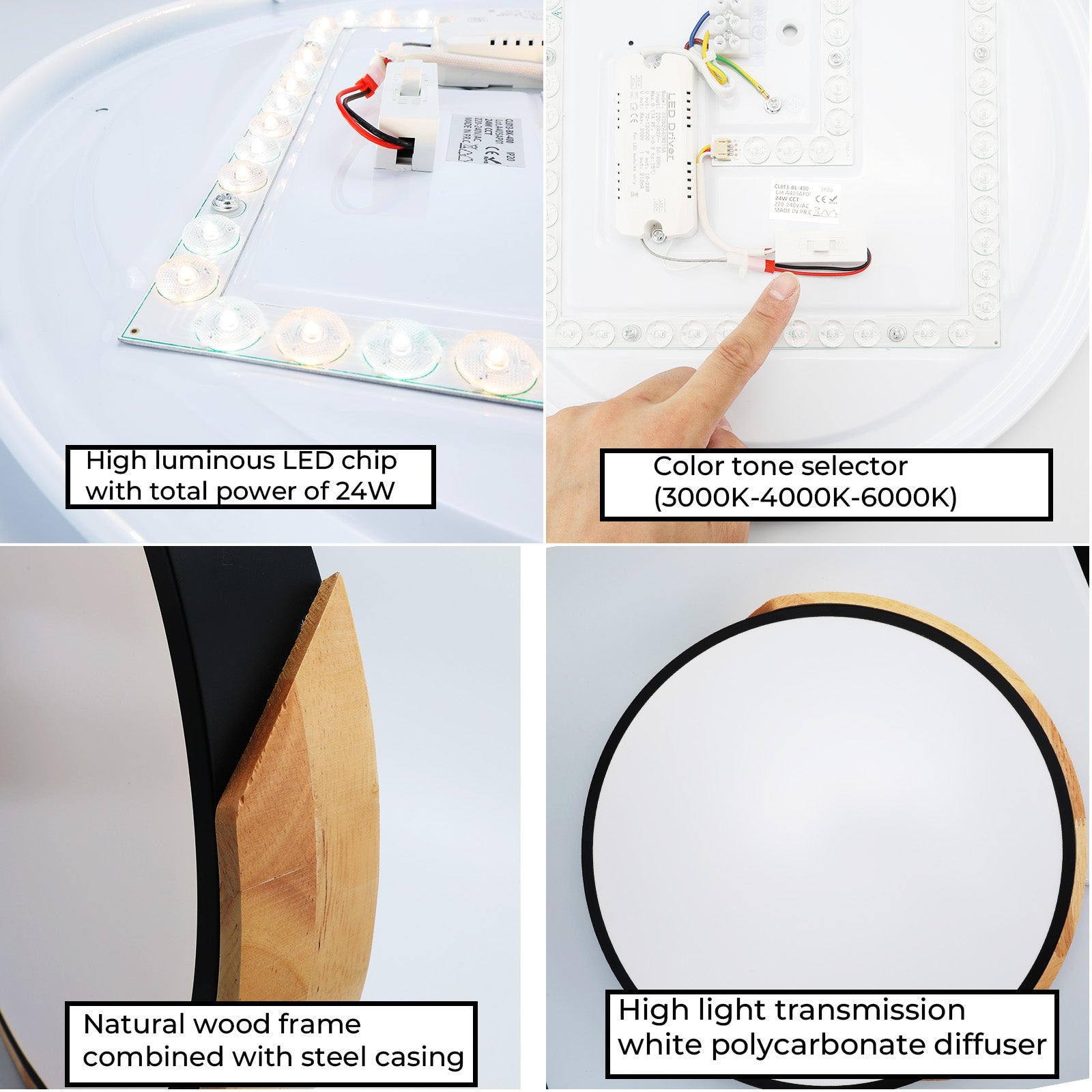 Plafonnier LED Circulaire Ø40cm, 30W, 3000LM, Métal Noir et Bois, Lumière Sélectionnable (3000K-4000K-6000K) - 4