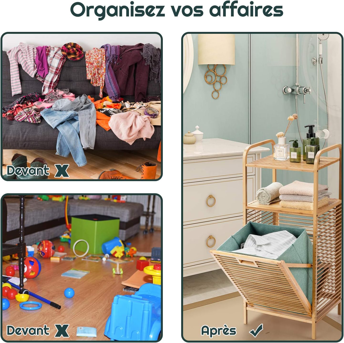 Meuble Panier à Linge Basculant, Panier a Linge avec Étagere en Bambou, Sac Amovible, Doublure Oxford, pour Salle de Bain, Buanderie - 6