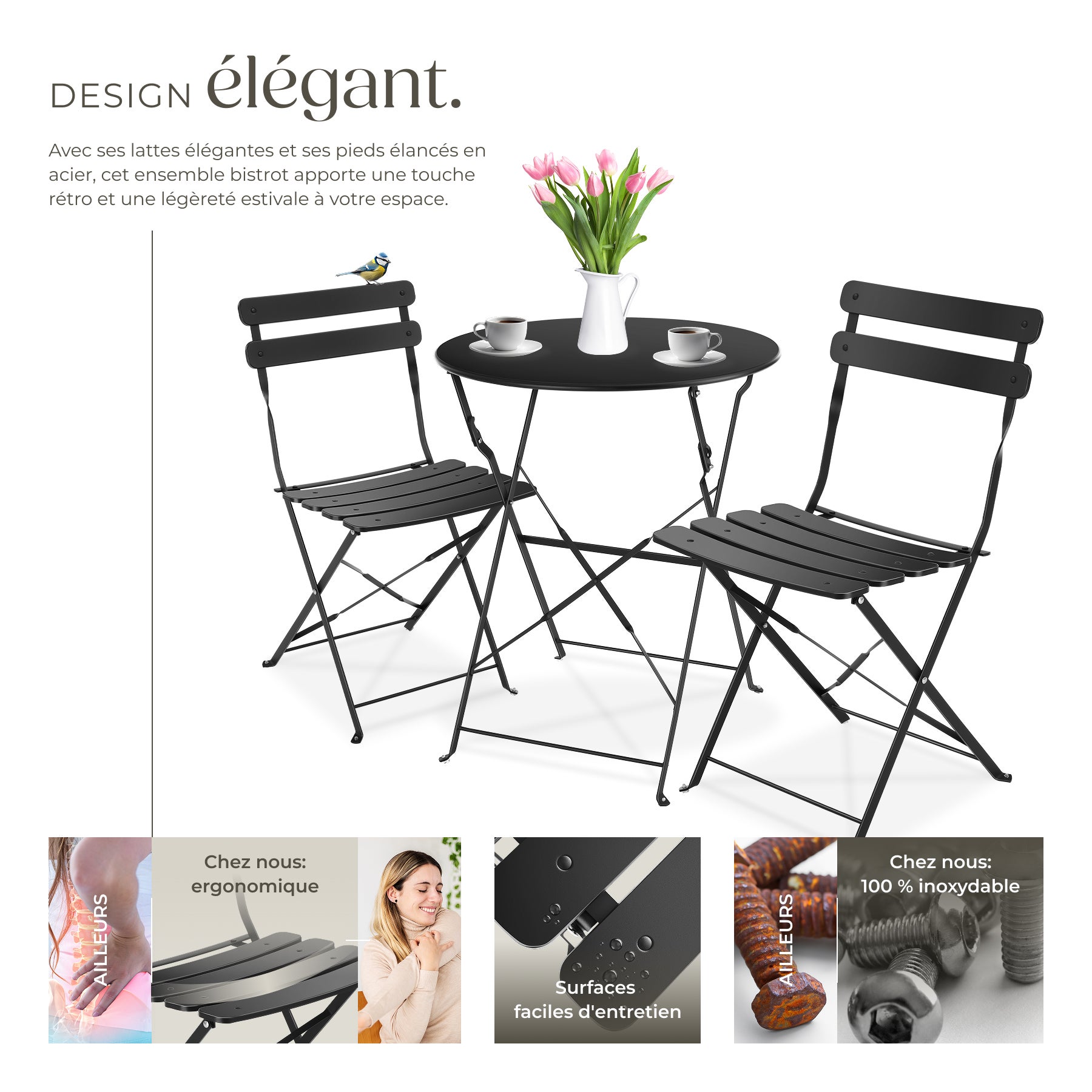 Ensemble table et chaises bistrot Frieda, pliable pour 2 personnes pour 2 personnes TECTAKE - 3