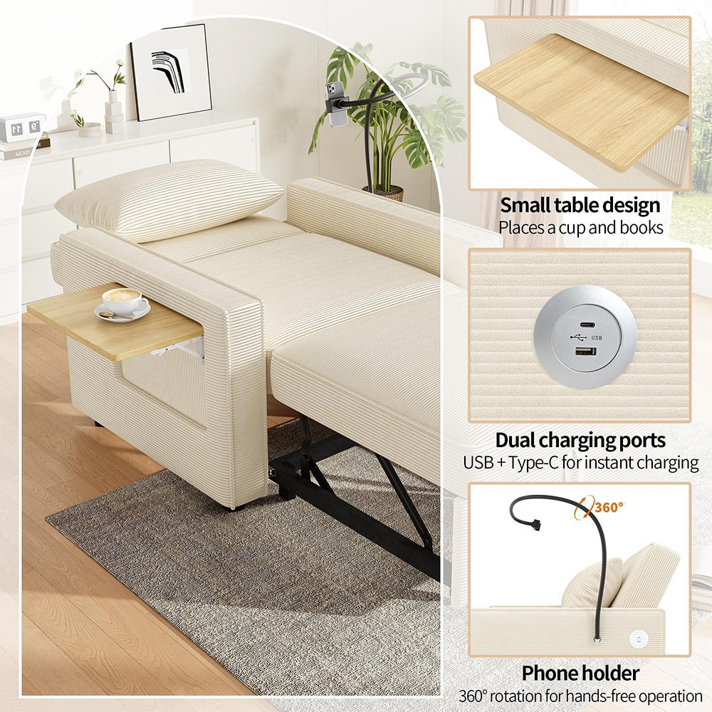 Canapé-lit 1 place USB velours côtelé pliable - beige pour salon/chambre - 8