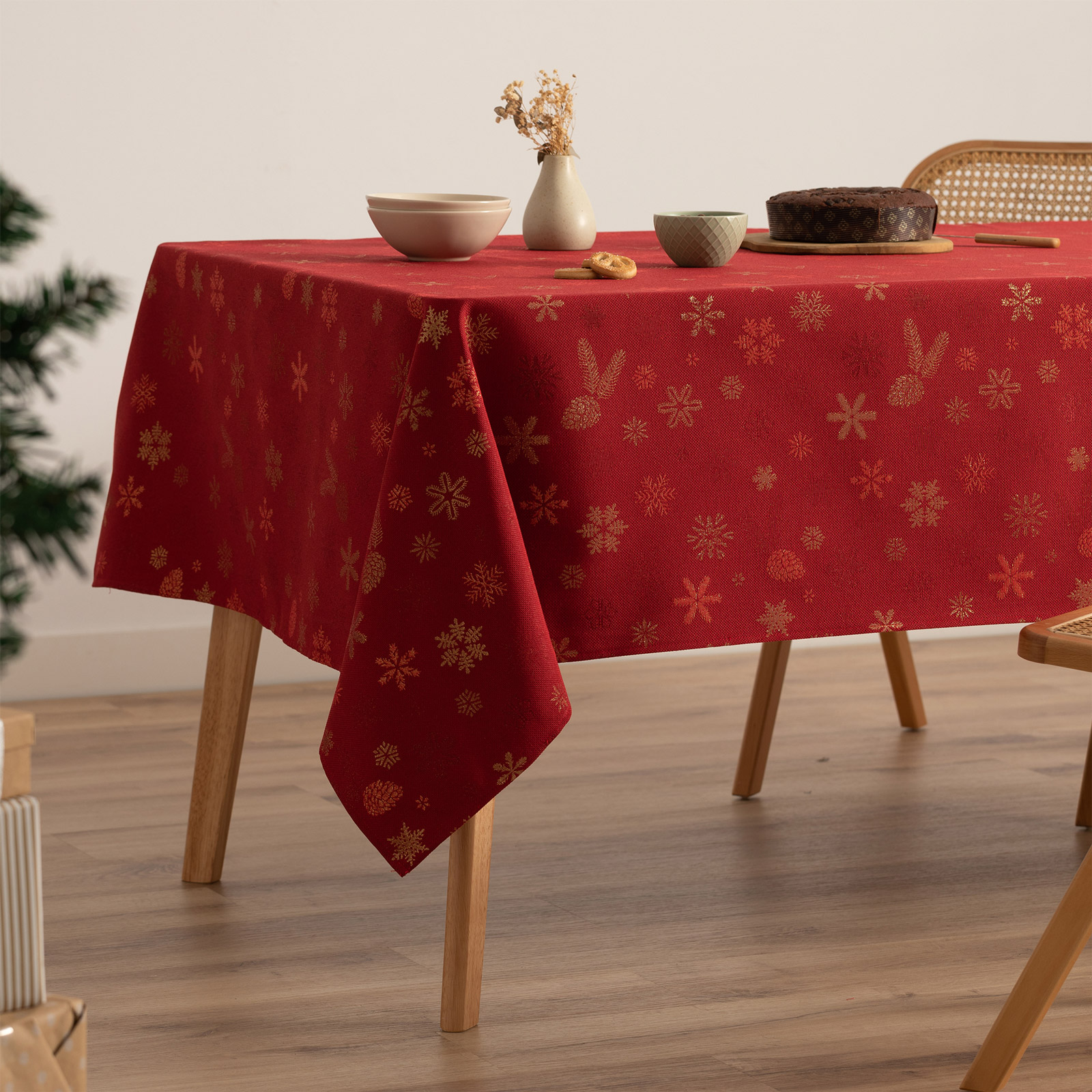 Mantel navidad algodón rectangular jacquard snowflake rojo 140x100 cm - flake