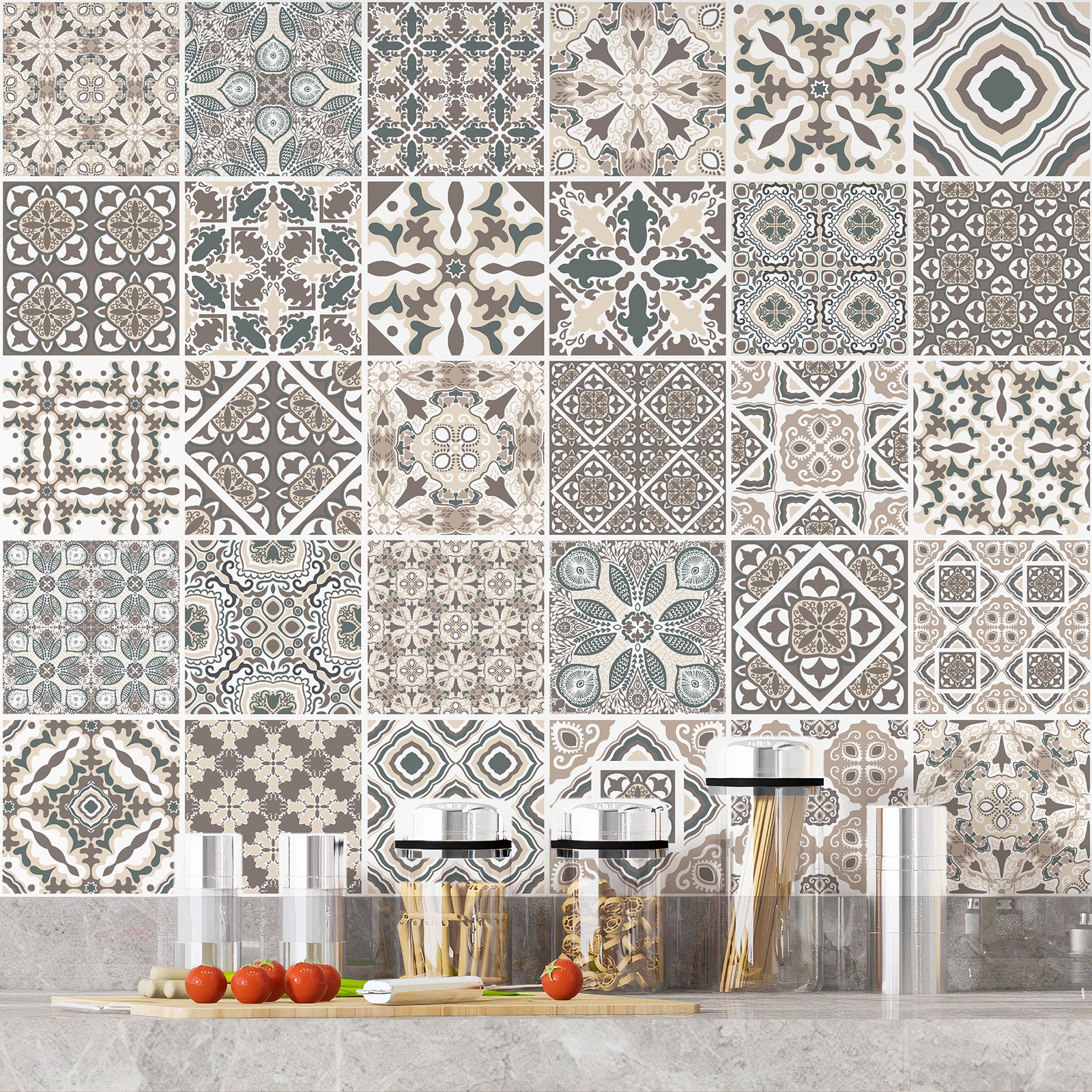 Crédence adhésive sticker décoratif pour cuisine - Effet carreaux de ciment - Adhésif BRILLANT - 60x60 cm - 4