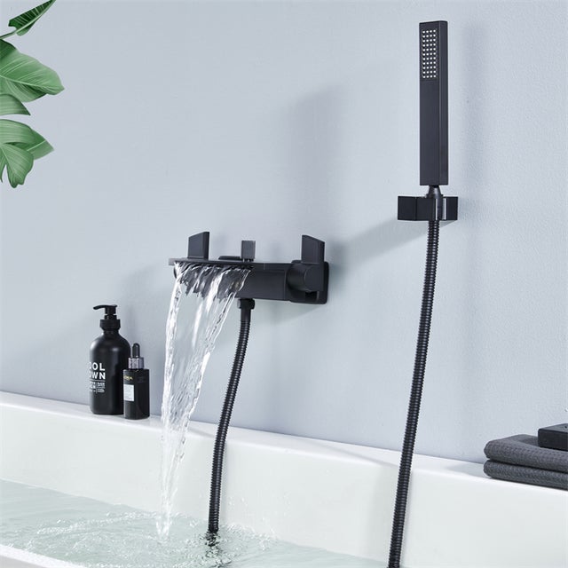 Miscelatore per vasca a cascata, rubinetto per vasca a parete con doccetta e tubo doccia da 1,5 m, ottone nero opaco