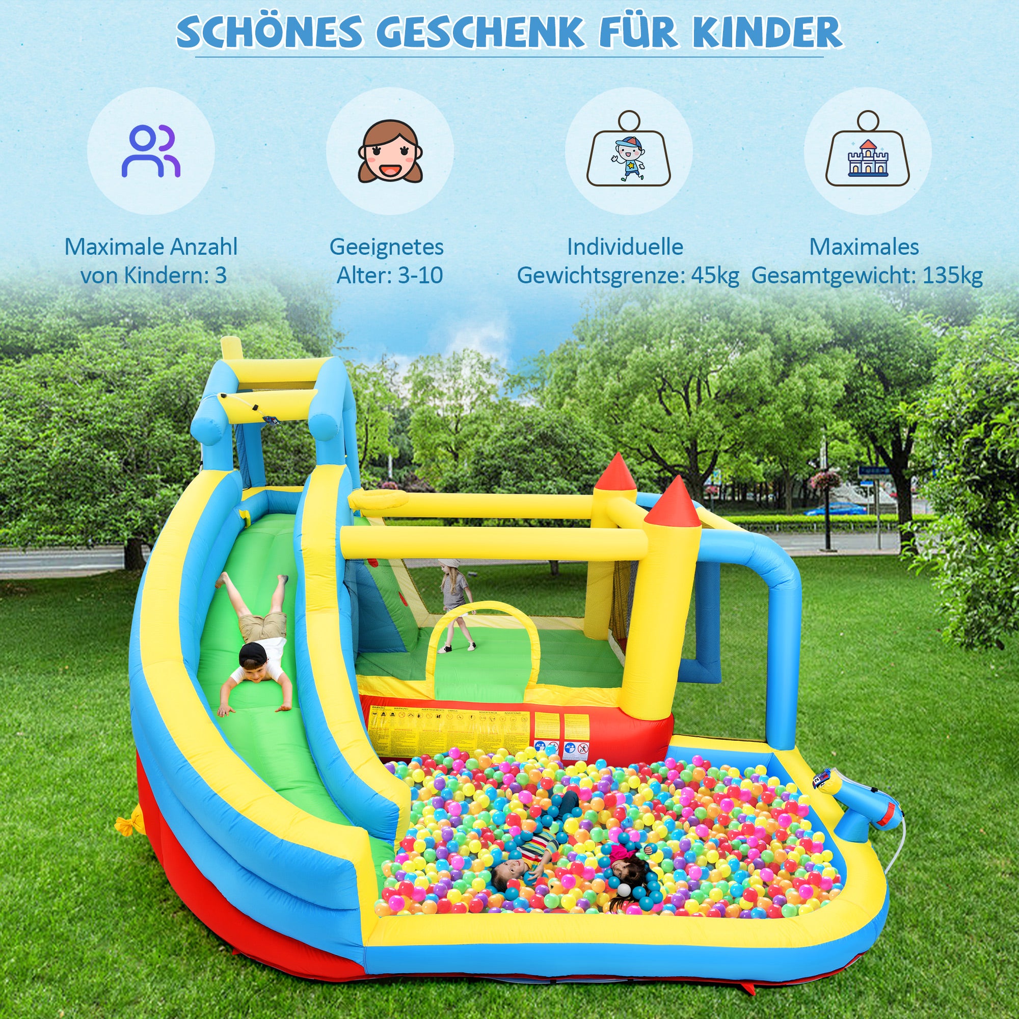 Aire de jeux 5 en 1 avec toboggan, zone de saut, piscine d'eau, filet de football - 364 x 315 x 239 - Tissu Oxford - Bleu - 3