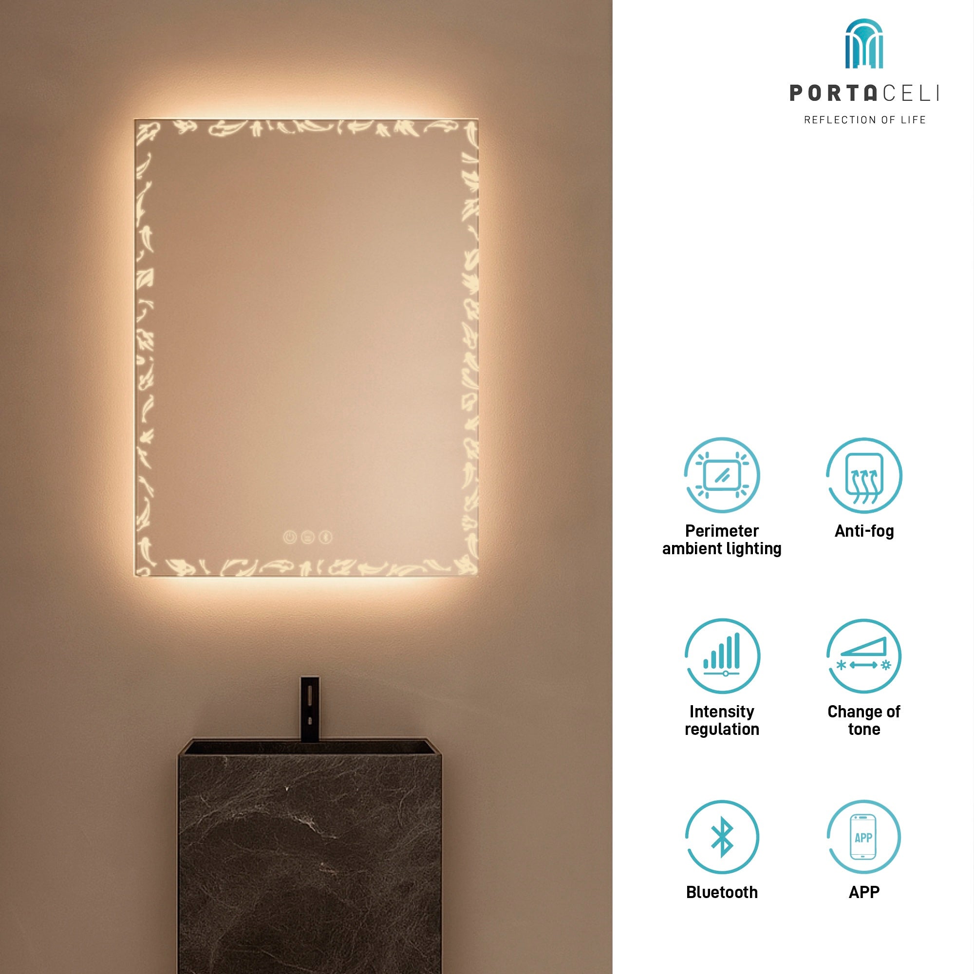 Miroir de salle de bain Koi Connect 80 x 80, APP, Anti-buée et Bluetooth - 2