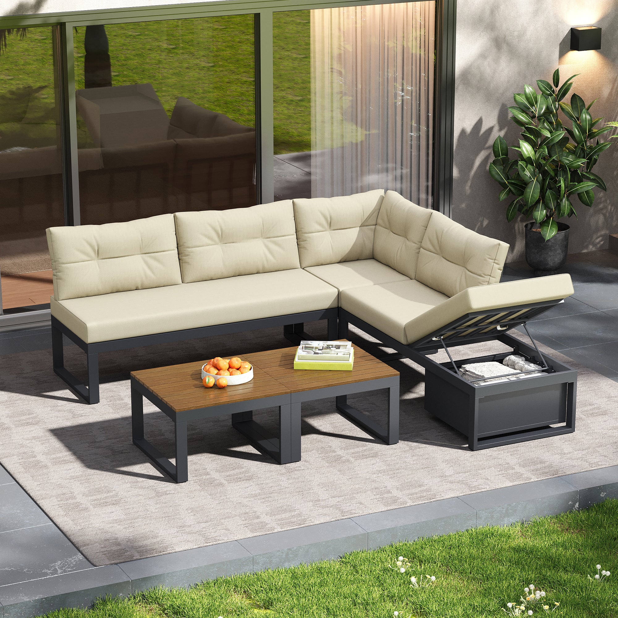 Ensemble de meubles de jardin avec dossier réglable en 4 positions et fonction inclinable, espace de rangement et tissu polyester - Beige - 2