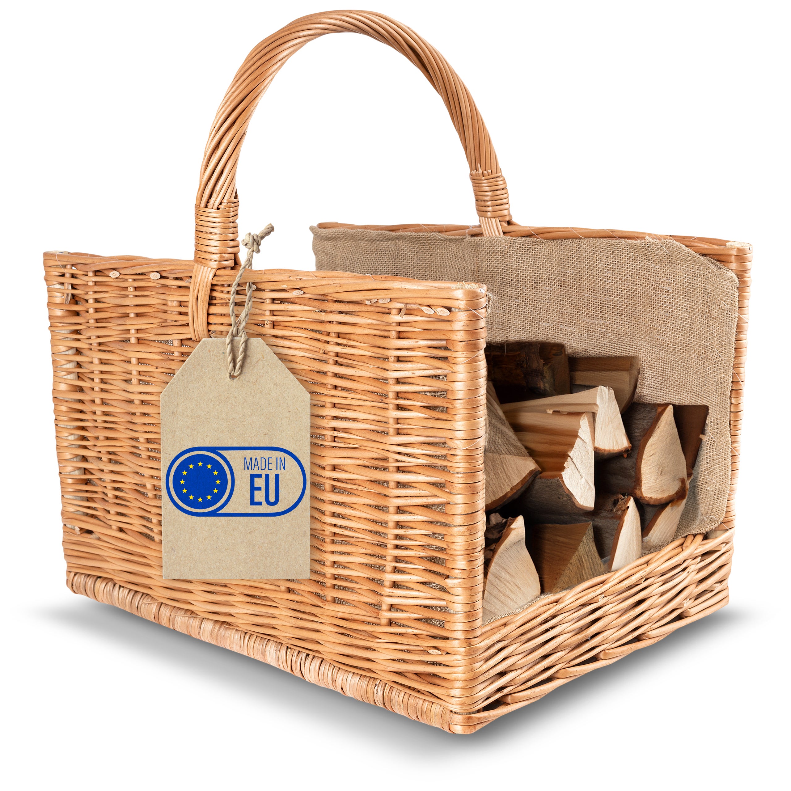 Creative home cesta de mimbre para almacenar leña con asa y tela de yute | 50x34x50cm rectangular grande | tejida a mano | sauce grueso marrón natural