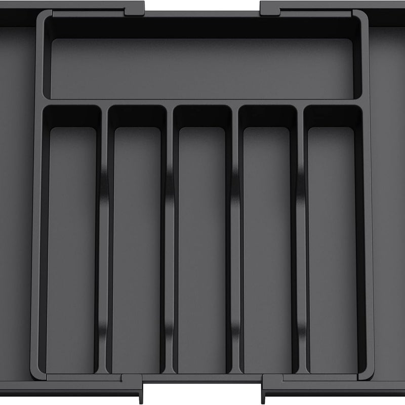 Czarny organizer na sztućce, rozsuwany i regulowany wkład do szuflady, kompaktowy plastikowy organizer na łyżki i widelce