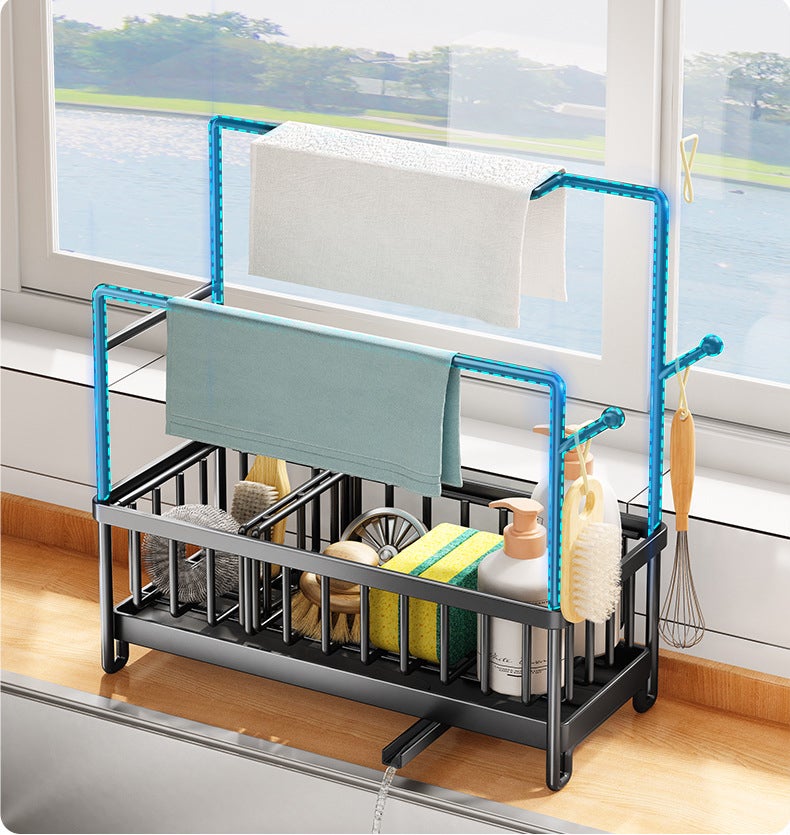 Organizador de fregadero, organizador de cocina de acero inoxidable con bandeja de drenaje extraíble, divisores extraíbles,colgador de paños de cocina - 6