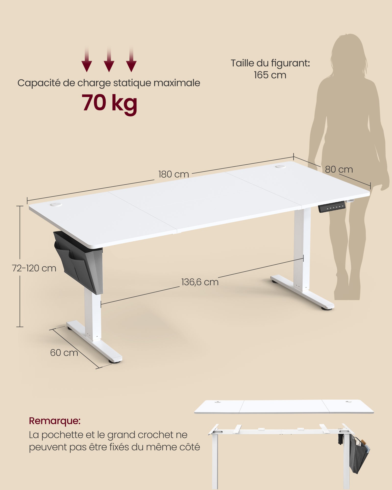 Bureau Électrique Réglable en Hauteur, 180 x 80 cm, Table Assis-debout, Fonction Mémoire 4 Hauteurs, pour Bureau, Télétravail, Blanc Nuage - 4