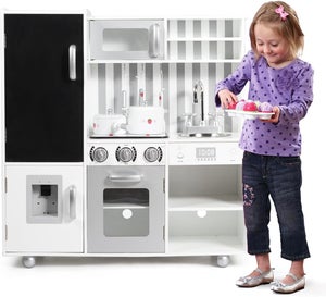 GIANTEX Cuisine Enfants en Bois, 3 à 6 ans, Micro-Ondes, Hotte, Four, Évier, Sons, Set de Jouets