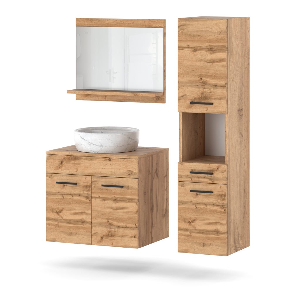 Zestaw łazienkowy szafka wisząca 90cm słupek z lustrem dąb wotan