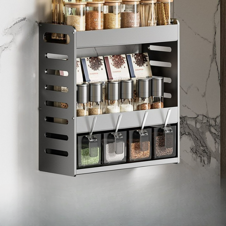 Półka kuchenna bez wiercenia, wielopoziomowa półka ścienna, stojak do przechowywania przypraw i przypraw, szary, 3 poziomy, 4 miski
