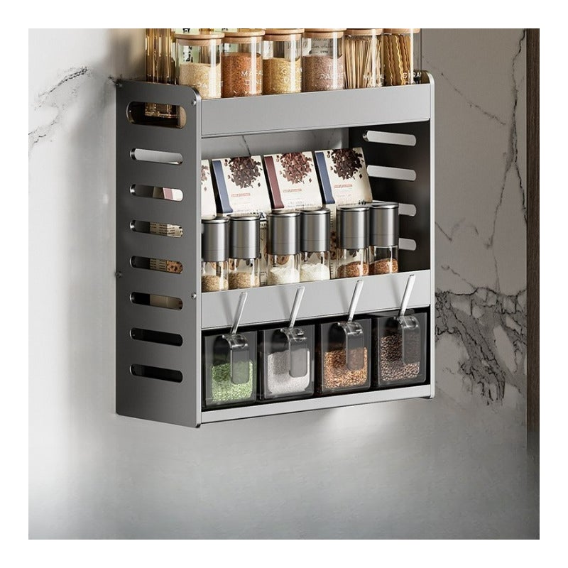 Półka kuchenna bez wiercenia, wielopoziomowa półka ścienna, stojak do przechowywania przypraw i przypraw, szary, 3 poziomy, 4 miski