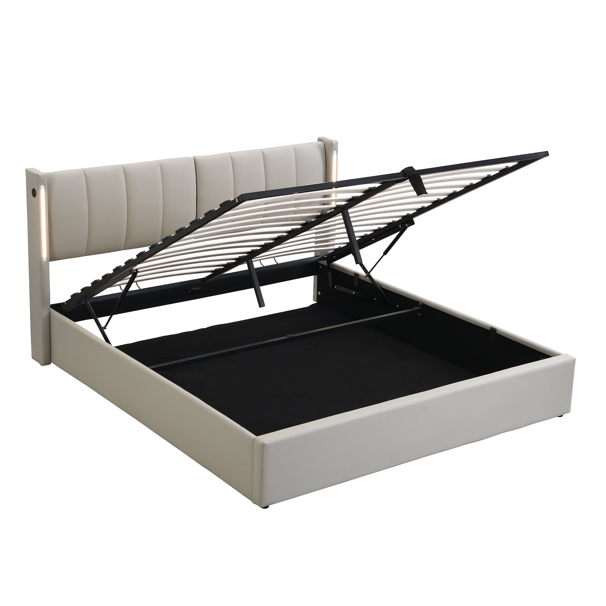 Cama contenedor tapizada en piel sintética - 160x200 cm - con puerto USB y LED - cabecero de ángulo ajustable - Gris - 5