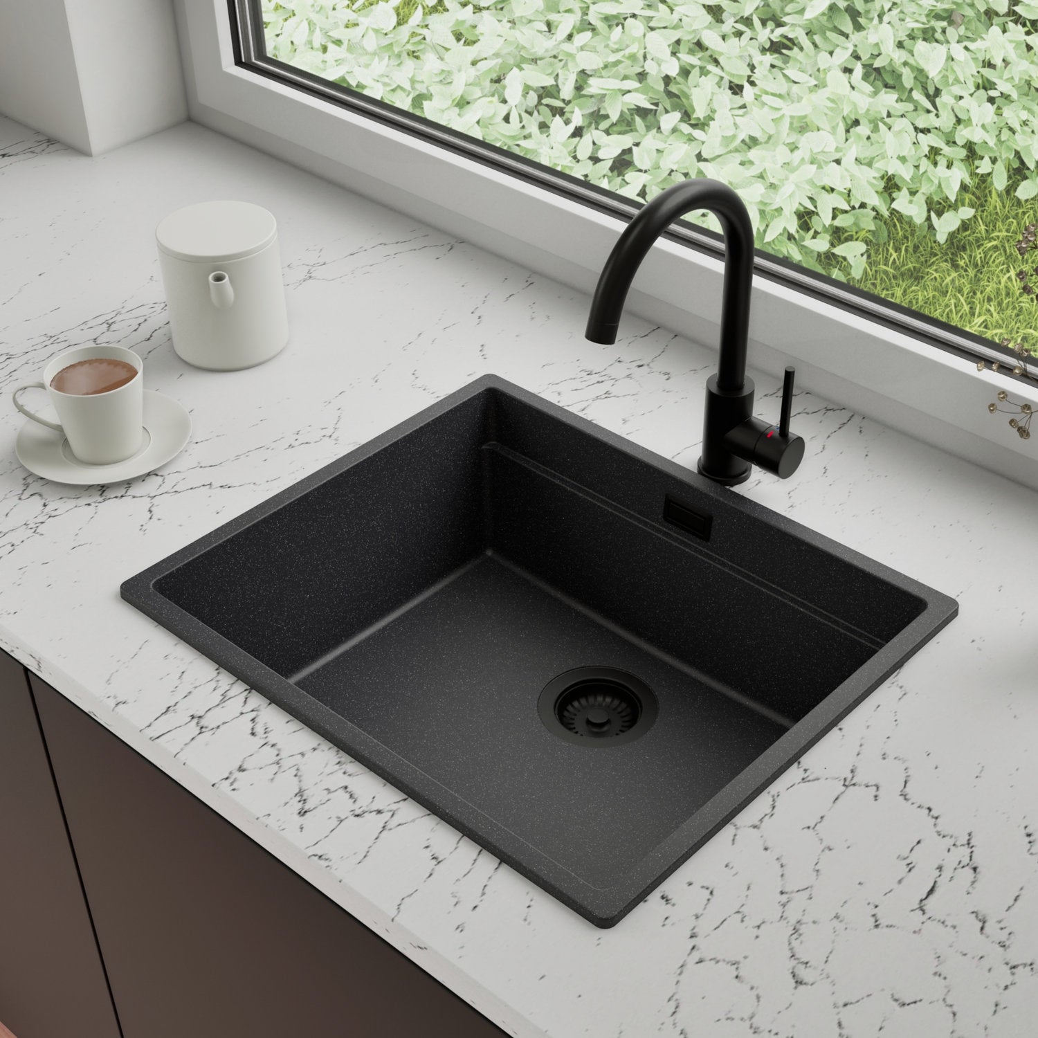 Zlewozmywak Granitowy 56x47cm, do szafki od 60cm + Bateria + Syfon - Coral Grafitowy STONESTYLE