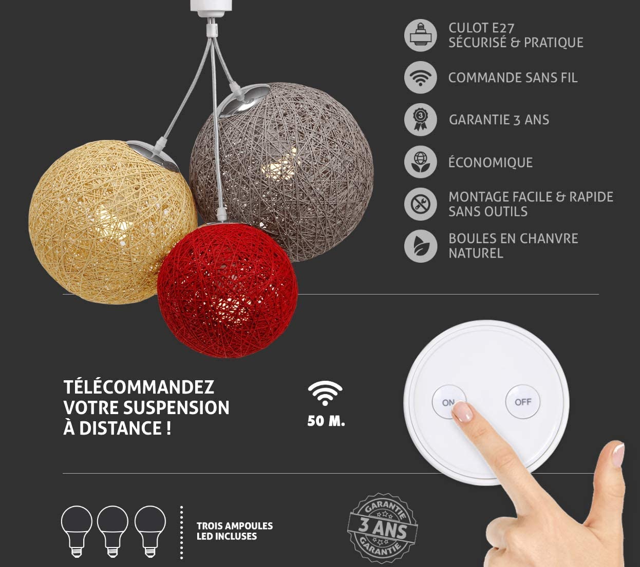 Luminaire Suspension E27 -A Visser Sur Une Douille E27-Télécommande Sans Fil - 3 Boules En Chanvre- Ampoules Led E27 Incluses-Bahia - 4