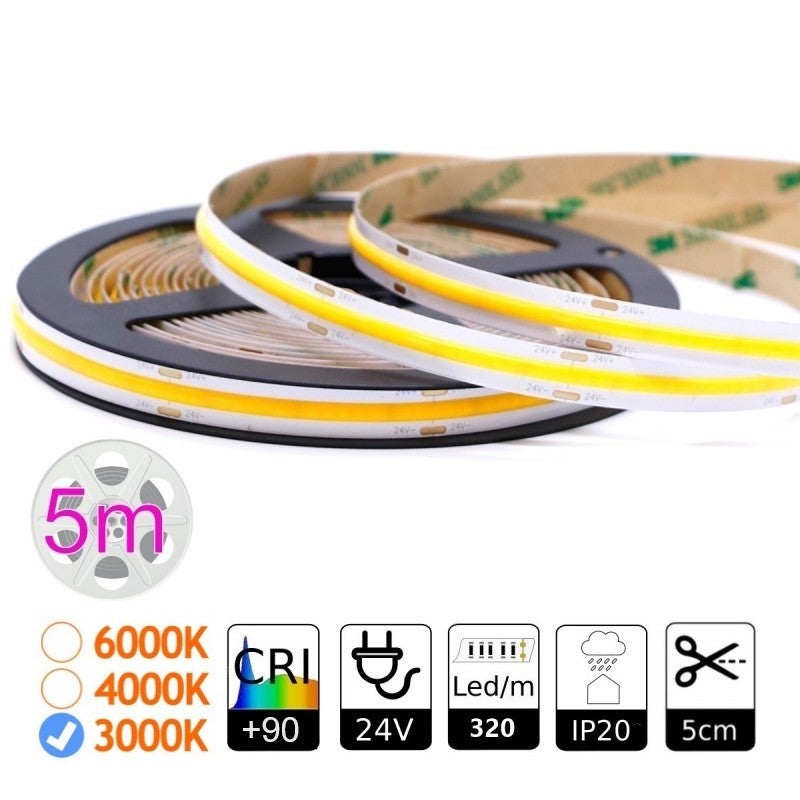 Taśma LED COB 24V 12W/m, 1600 diod, ciepłe światło 3000K, 6750 Lm, szerokość 8mm, możliwość cięcia co 5cm, samoprzylepna, IP20 do użytku wewnętrznego