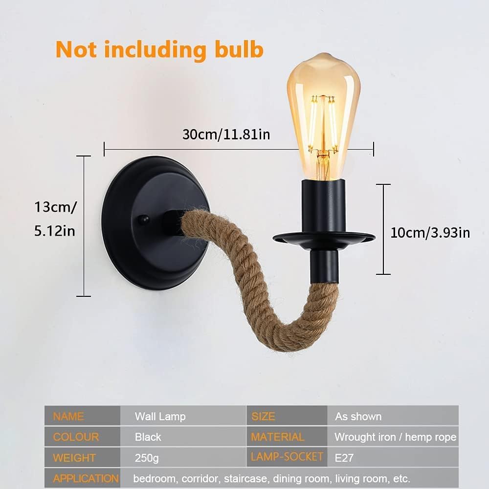 GOECO 2 Packs Applique Murale Vintage, Lampe Murale Corde de Chanvre, E27 Rétro Applique Murale Interieur pour Couloir Loft Chambre Café Bar - 4