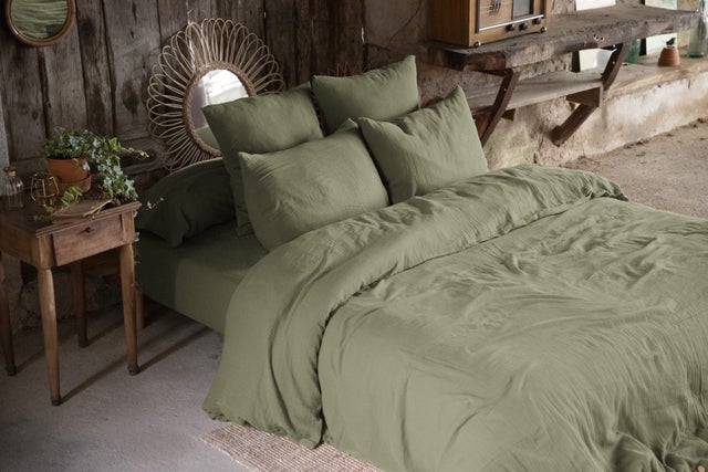 Pack complet en gaze de coton 240 x 220 cm + drap housse 140 x 190 cm + 2 taies 60 x 60 cm Romarin